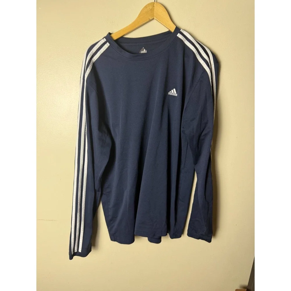 Adidas Shirt Longsleeve Men's XL Pullover Crewneck Blue 3-Stripes
